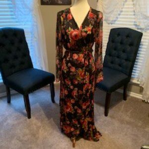 Floral Print Mesh Tulip Hem Long Sleeve Maxi Dress